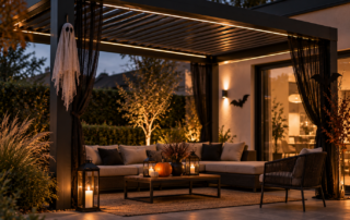 Pergola éclairée avec salon extérieur le soir